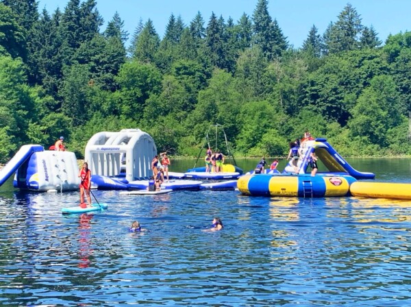 water park on a lake.