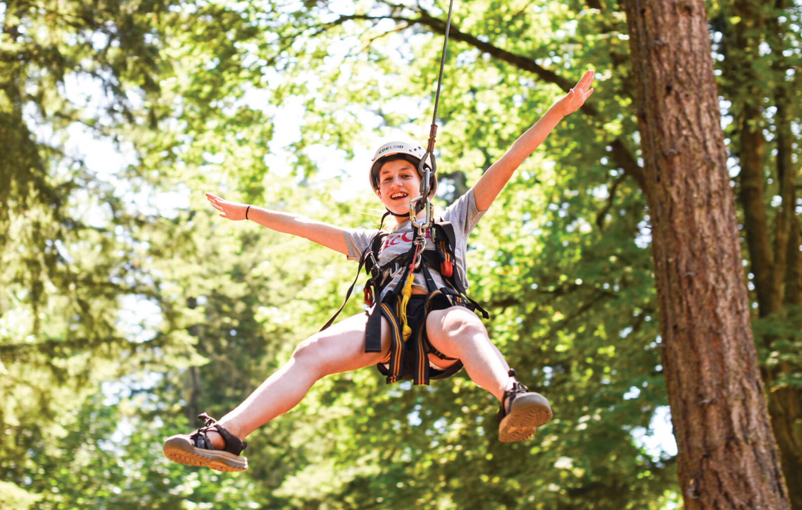 kid zip lining in the trees.
