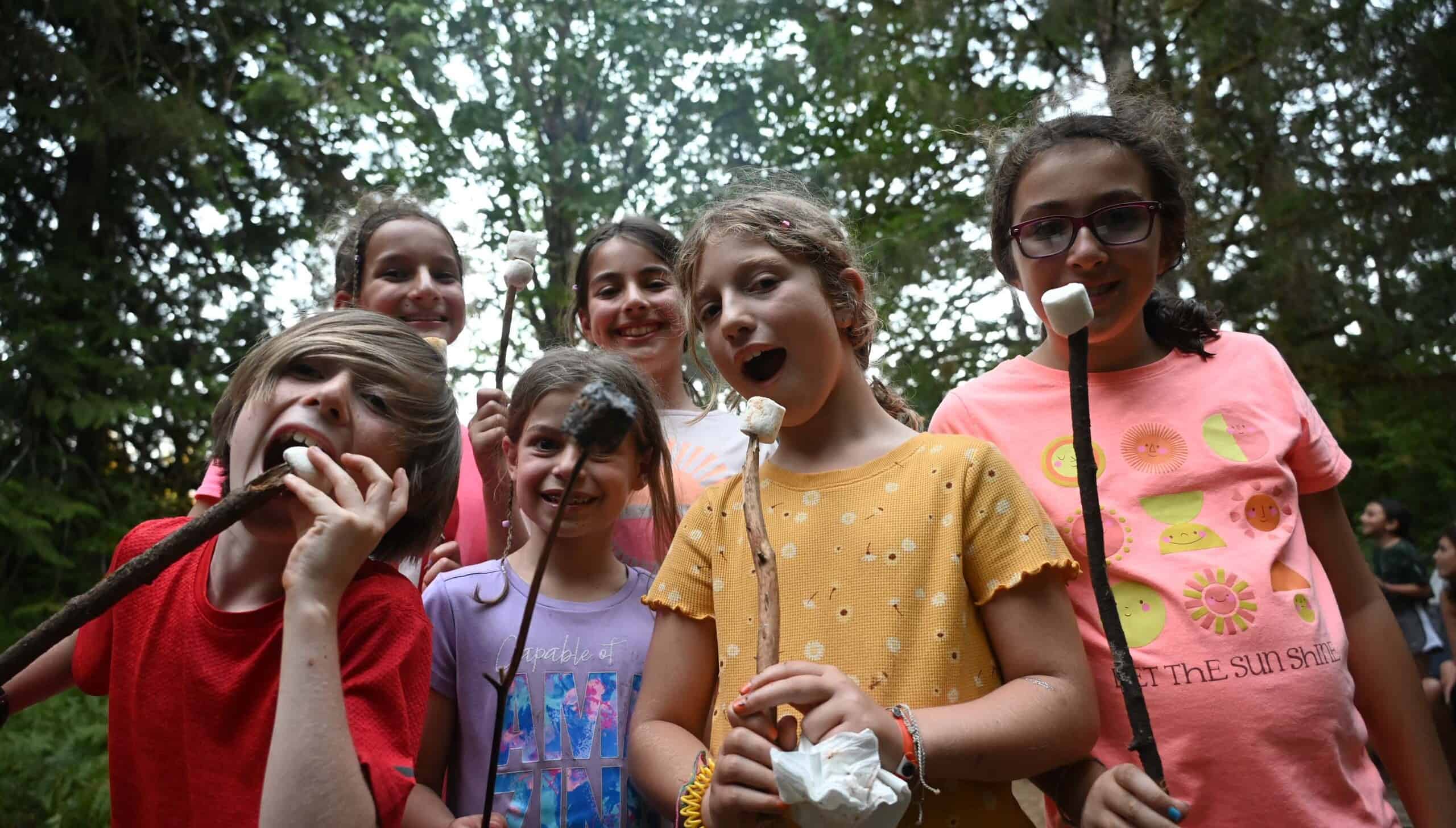 A group of campers holding toasted marshmallows.